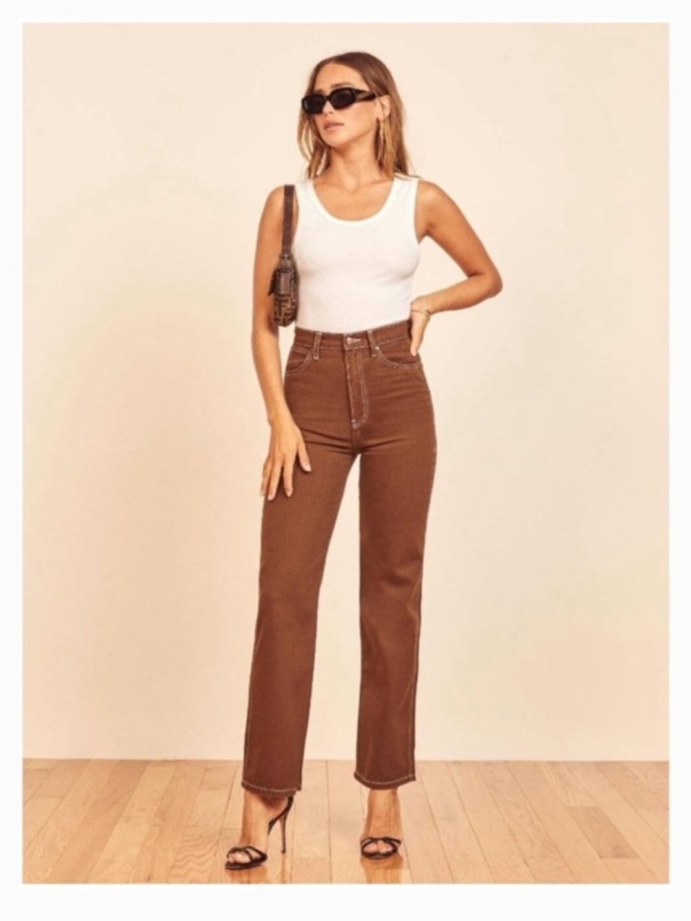 Reformation Cowboy High Rise Straight Leg Jean, Brown, Size 28